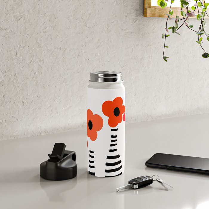 Red Petals Retro Flowers Stripe Bottles White Background #decor #society6 #buyart Water Bottle Gallery Image 4