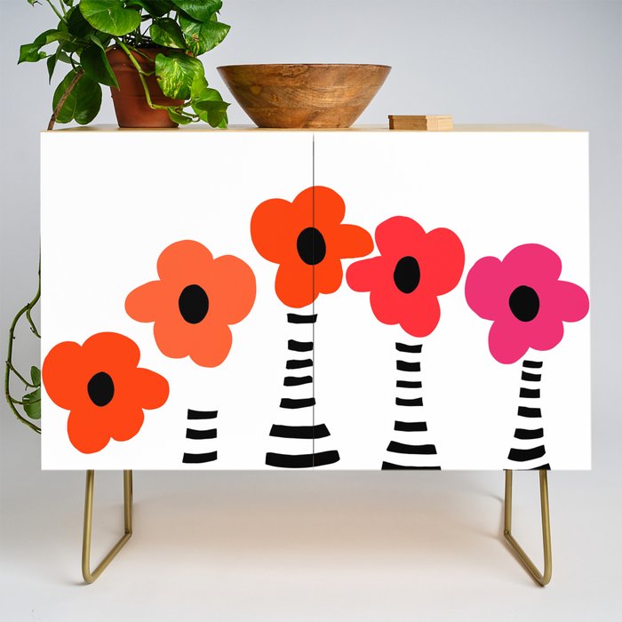 Red Petals Retro Flowers Stripe Bottles White Background #decor #society6 #buyart Credenza Gallery Image 1