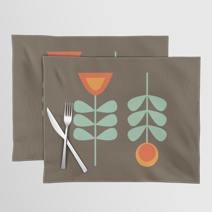 Scandi Flower Pair Retro Floral Minimalist Brown Orange Celadon Mint Placemat Gallery Image 1