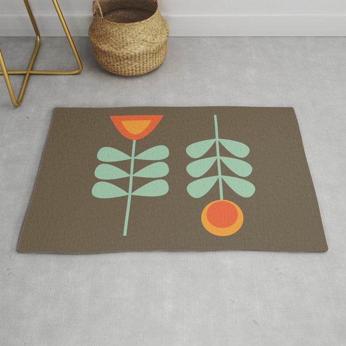 Scandi Flower Pair Retro Floral Minimalist Brown Orange Celadon Mint Rug Gallery Image 1