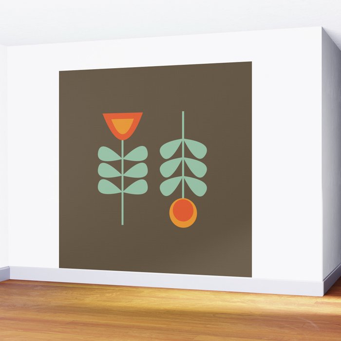 Scandi Flower Pair Retro Floral Minimalist Brown Orange Celadon Mint Wall Mural Gallery Image 2