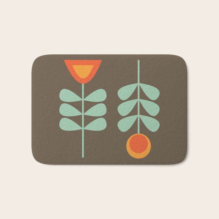 Scandi Flower Pair Retro Floral Minimalist Brown Orange Celadon Mint Bath Mat Gallery Image 1