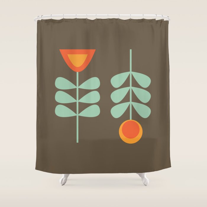 Scandi Flower Pair Retro Floral Minimalist Brown Orange Celadon Mint Shower Curtain Gallery Image 1