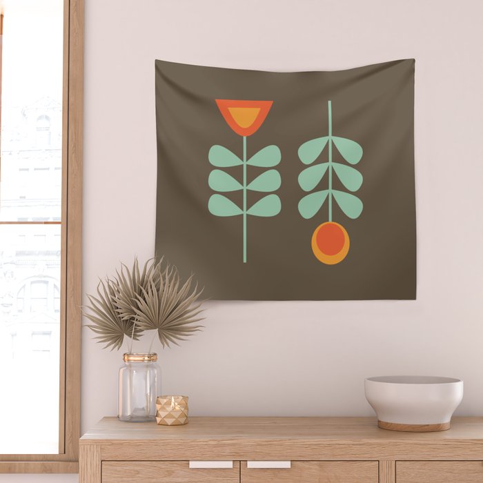 Scandi Flower Pair Retro Floral Minimalist Brown Orange Celadon Mint Wall Tapestry Gallery Image 2