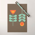Scandi Flower Pair Retro Floral Minimalist Brown Orange Celadon Mint Wrapping Paper Gallery Image 1