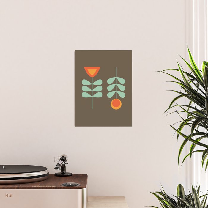 Scandi Flower Pair Retro Floral Minimalist Brown Orange Celadon Mint Poster Gallery Image 2