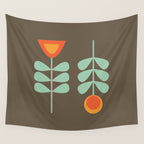 Scandi Flower Pair Retro Floral Minimalist Brown Orange Celadon Mint Wall Tapestry Gallery Image 4