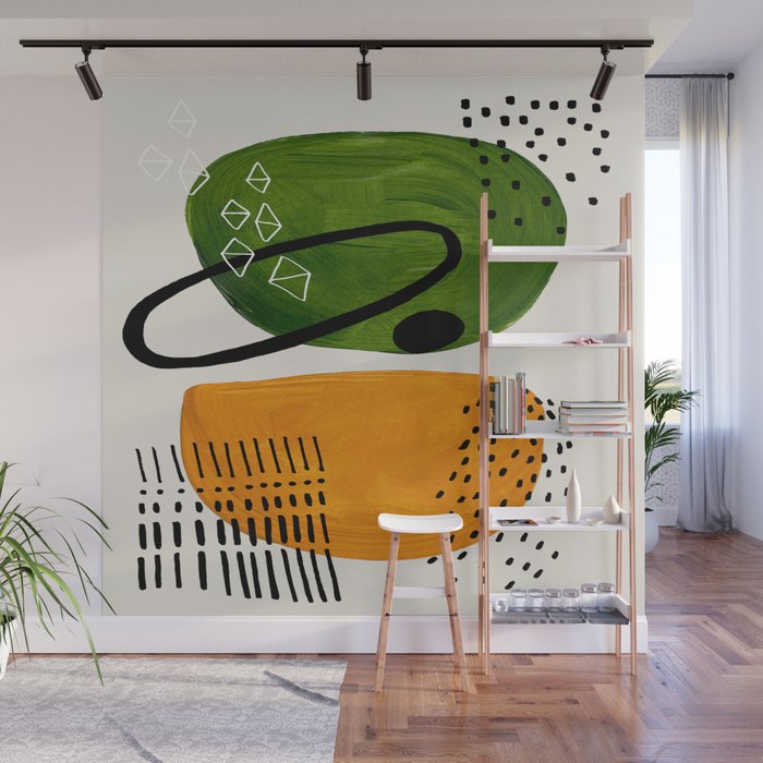 Mid Century Modern Abstract Colorful Art Patterns Olive Green Yellow Ochre Orbit Geometric Objects Wall Mural Gallery Image 1