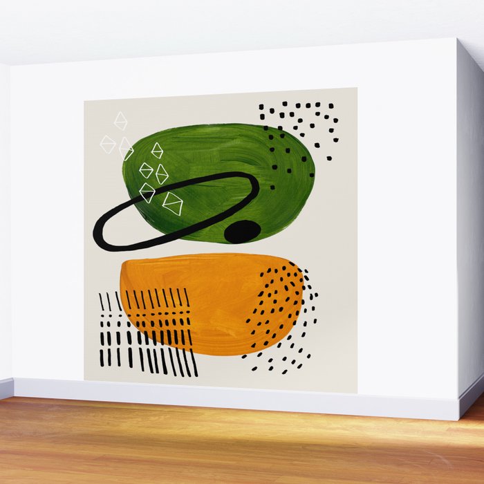 Mid Century Modern Abstract Colorful Art Patterns Olive Green Yellow Ochre Orbit Geometric Objects Wall Mural Gallery Image 2