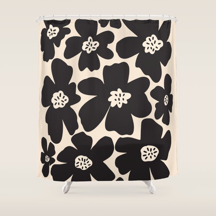 Black and White Retro Daisy Shower Curtain Gallery Image 1