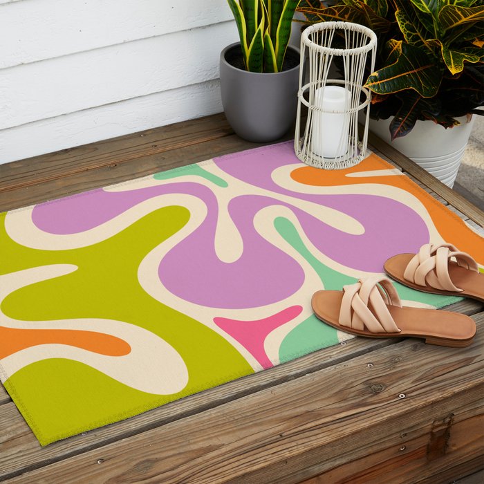 Smooth Contours Retro Modern Abstract Pattern Pastel Lavender Lime Orange Mint Outdoor Rug Gallery Image 2