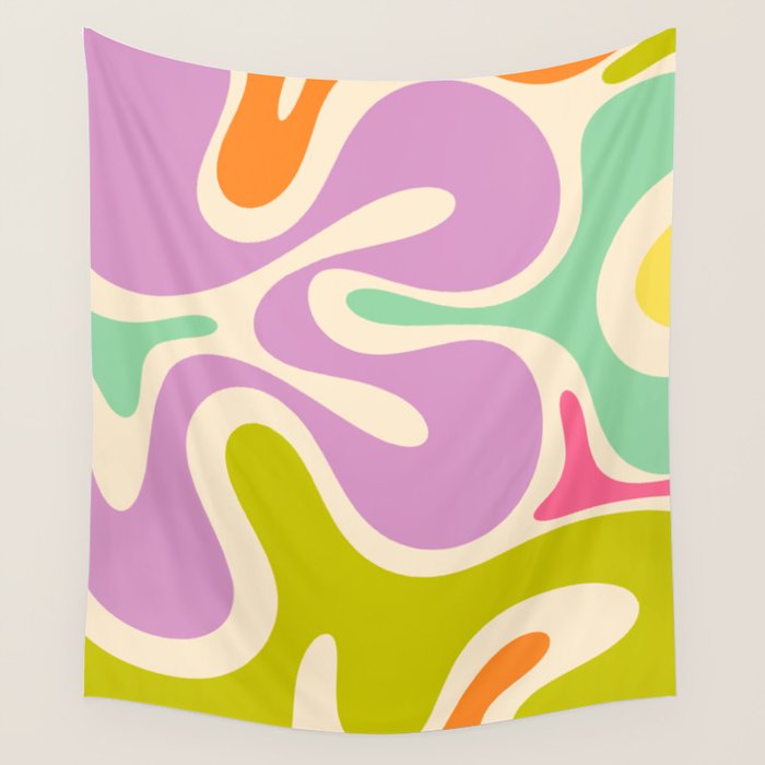 Smooth Contours Retro Modern Abstract Pattern Pastel Lavender Lime Orange Mint Wall Tapestry Gallery Image 4