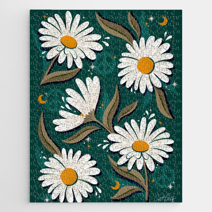 Drippy Daisy Dreamscape - White on Teal Jigsaw Puzzle Gallery Image 1