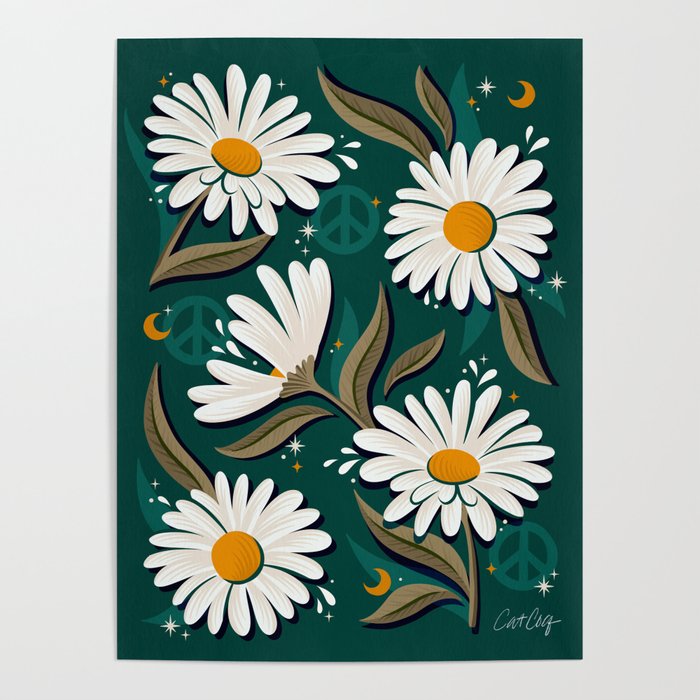 Drippy Daisy Dreamscape - White on Teal Poster Gallery Image 1