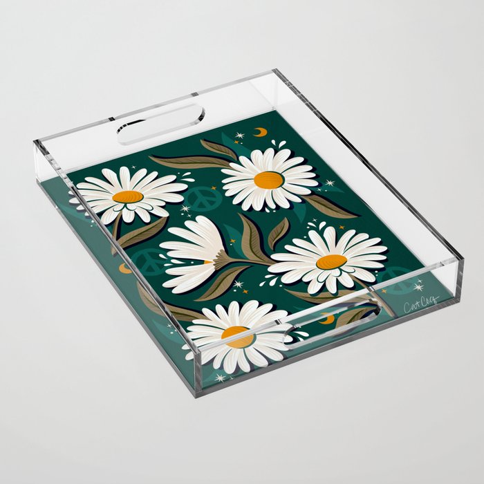 Drippy Daisy Dreamscape - White on Teal Acrylic Tray Gallery Image 1