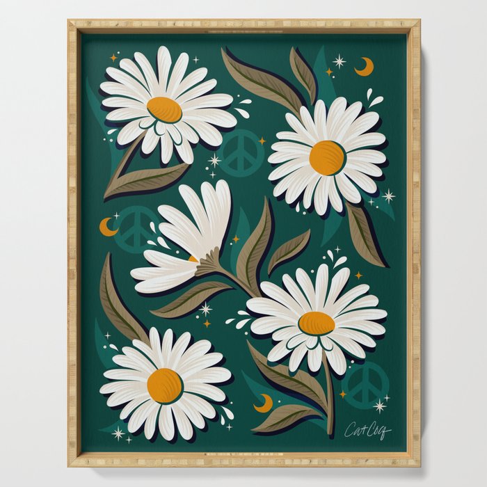 Drippy Daisy Dreamscape - White on Teal Serving Tray Gallery Image 1