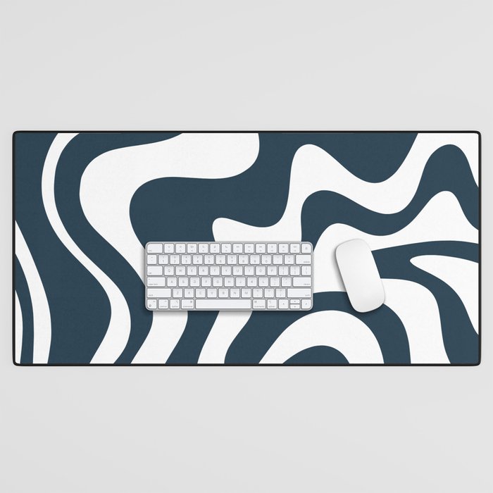 Liquid Swirl Abstract Pattern in Navy Blue and White Desk Mat Gallery Image 1