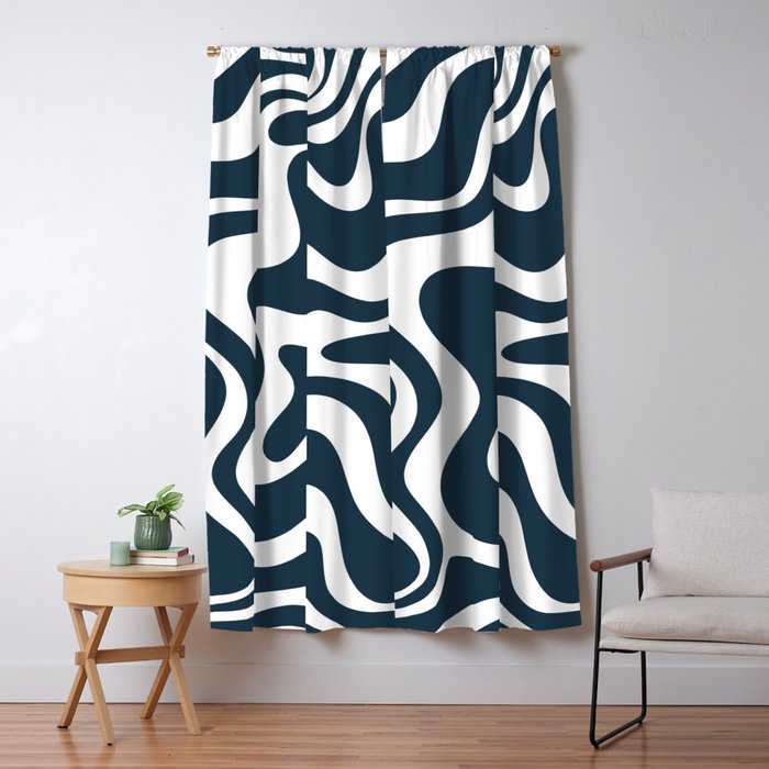 Liquid Swirl Abstract Pattern in Navy Blue and White Window Curtain Gallery Image 5