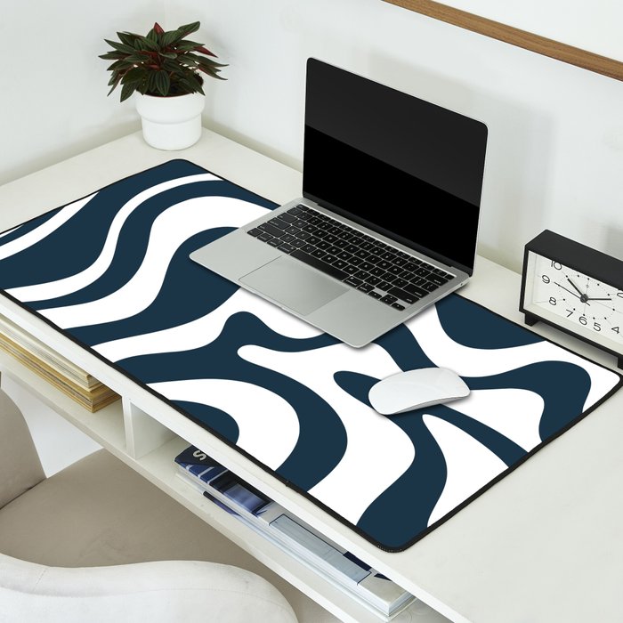 Liquid Swirl Abstract Pattern in Navy Blue and White Desk Mat Gallery Image 2