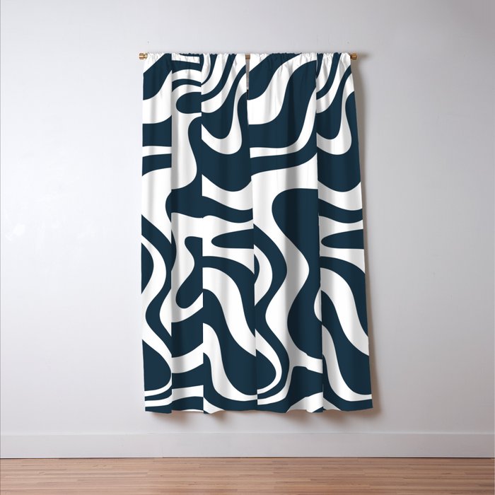 Liquid Swirl Abstract Pattern in Navy Blue and White Window Curtain Gallery Image 3