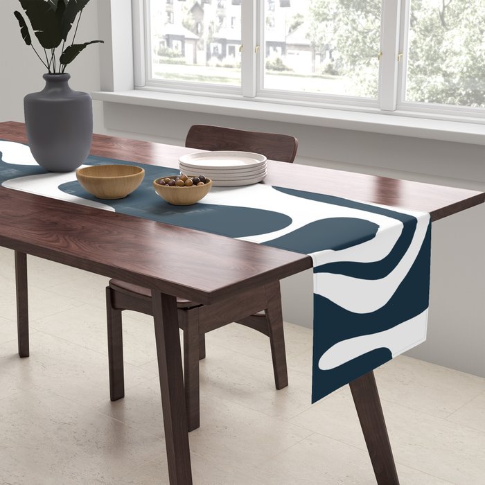 Liquid Swirl Abstract Pattern in Navy Blue and White Table Runner Gallery Image 2