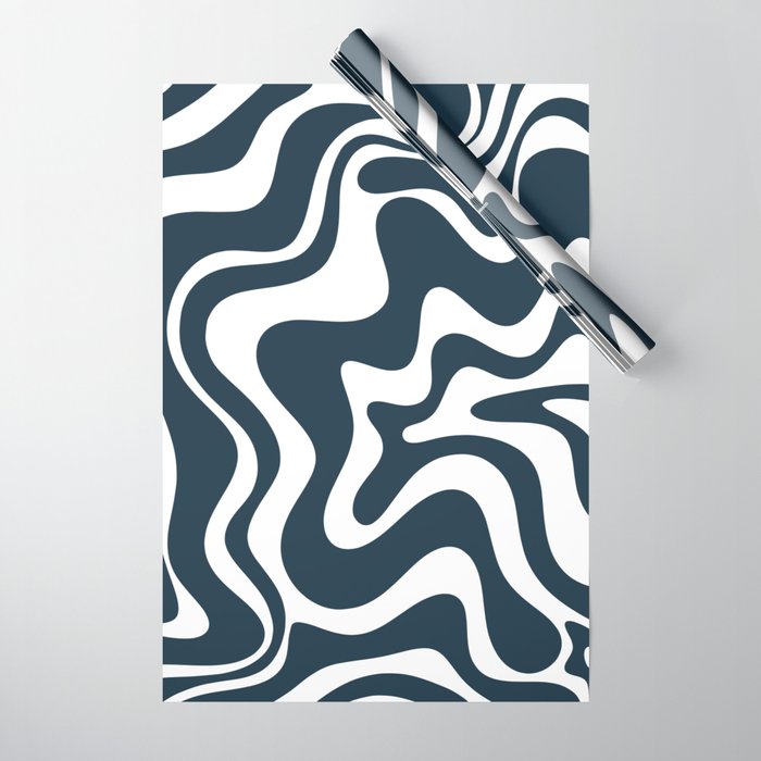 Liquid Swirl Abstract Pattern in Navy Blue and White Wrapping Paper Gallery Image 1