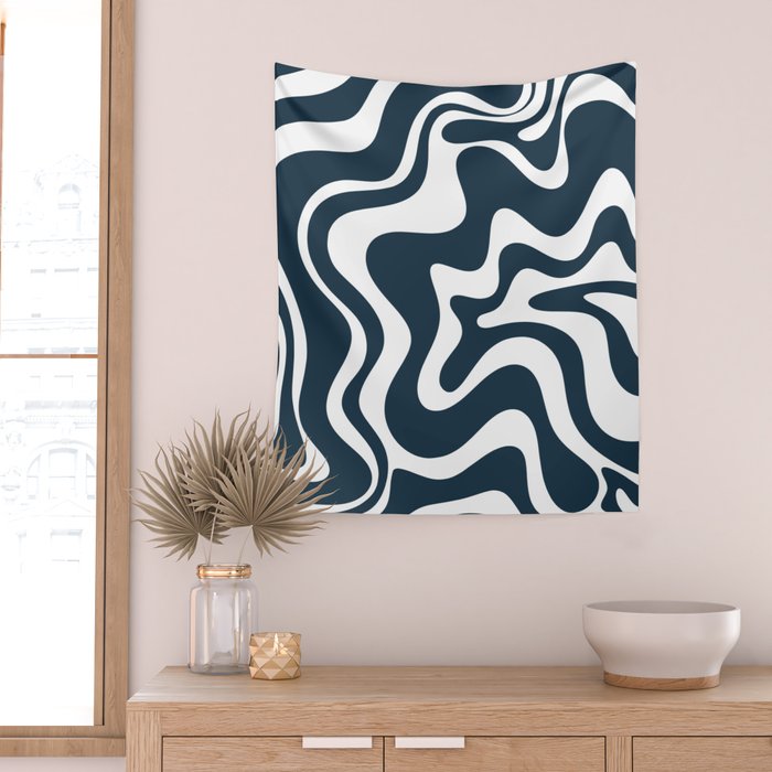 Liquid Swirl Abstract Pattern in Navy Blue and White Wall Tapestry Gallery Image 2