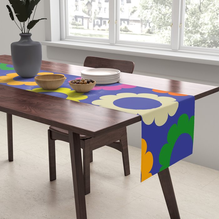 Flower Dots Cute Colorful Simple Retro Contemporary Floral Pattern Blue Table Runner Gallery Image 2