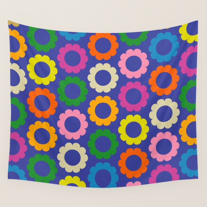 Flower Dots Cute Colorful Simple Retro Contemporary Floral Pattern Blue Wall Tapestry Gallery Image 4