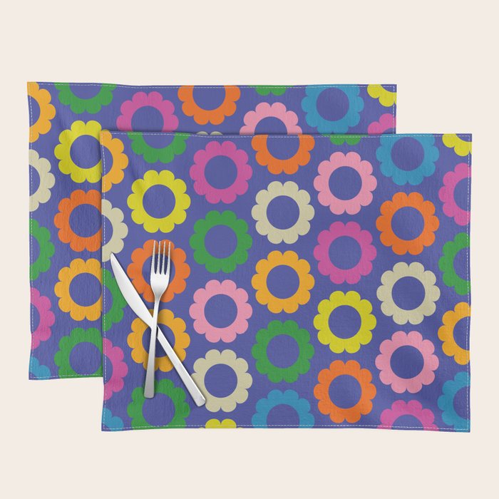 Flower Dots Cute Colorful Simple Retro Contemporary Floral Pattern Blue Placemat Gallery Image 1