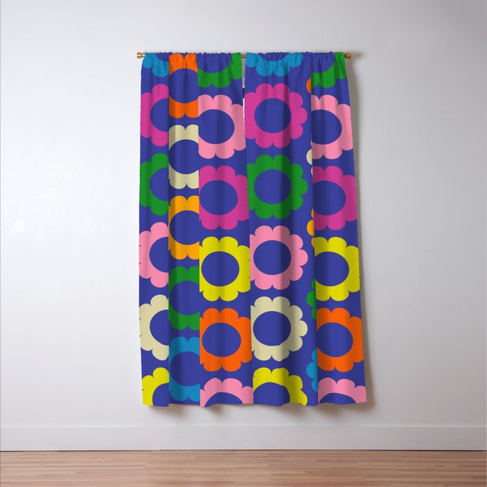 Flower Dots Cute Colorful Simple Retro Contemporary Floral Pattern Blue Window Curtain Gallery Image 3
