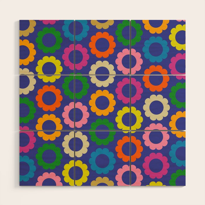 Flower Dots Cute Colorful Simple Retro Contemporary Floral Pattern Blue Wood Wall Art Gallery Image 1