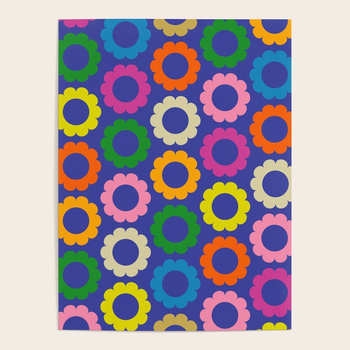 Flower Dots Cute Colorful Simple Retro Contemporary Floral Pattern Blue Poster Gallery Image 4