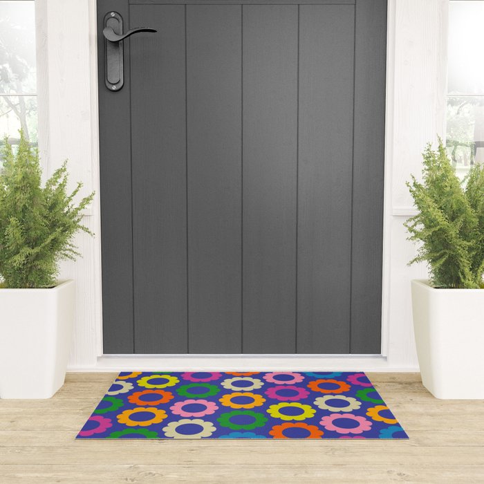 Flower Dots Cute Colorful Simple Retro Contemporary Floral Pattern Blue Welcome Mat Gallery Image 3