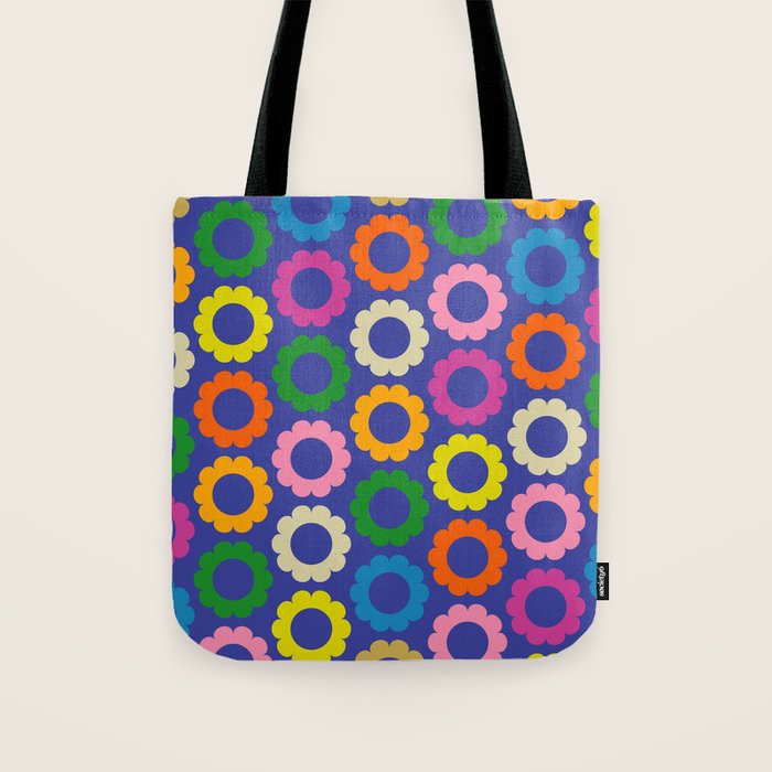 Flower Dots Cute Colorful Simple Retro Contemporary Floral Pattern Blue Tote Bag Gallery Image 1