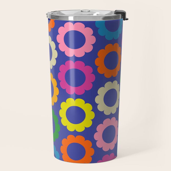 Flower Dots Cute Colorful Simple Retro Contemporary Floral Pattern Blue Travel Mug Gallery Image 2