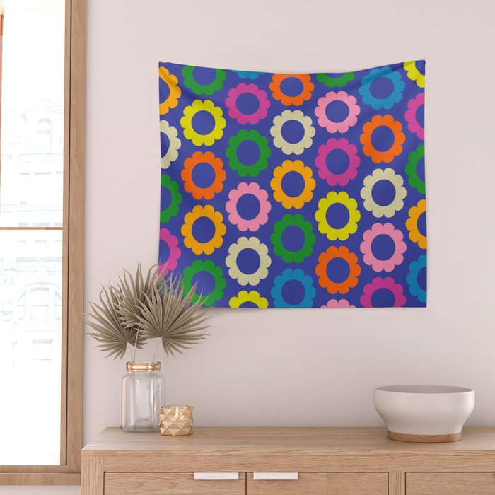 Flower Dots Cute Colorful Simple Retro Contemporary Floral Pattern Blue Wall Tapestry Gallery Image 2