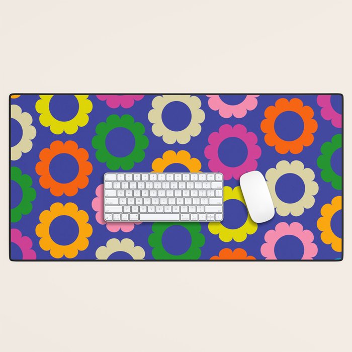 Flower Dots Cute Colorful Simple Retro Contemporary Floral Pattern Blue Desk Mat Gallery Image 1