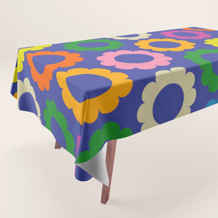 Flower Dots Cute Colorful Simple Retro Contemporary Floral Pattern Blue Tablecloth Gallery Image 1