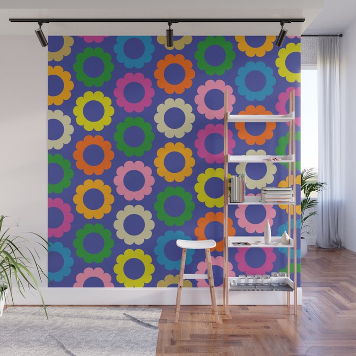 Flower Dots Cute Colorful Simple Retro Contemporary Floral Pattern Blue Wall Mural Gallery Image 1