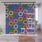 Flower Dots Cute Colorful Simple Retro Contemporary Floral Pattern Blue Wall Mural Gallery Image 1