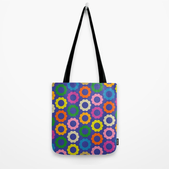 Flower Dots Cute Colorful Simple Retro Contemporary Floral Pattern Blue Tote Bag Gallery Image 2