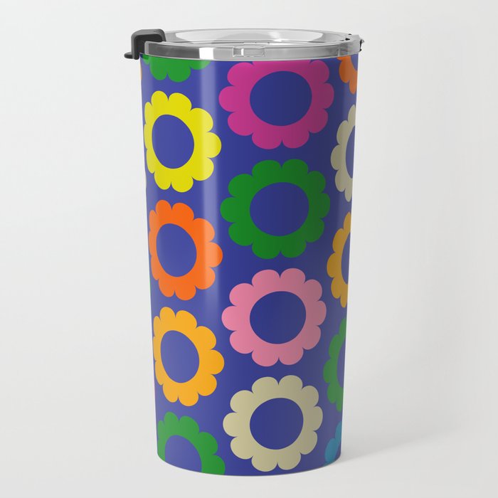 Flower Dots Cute Colorful Simple Retro Contemporary Floral Pattern Blue Travel Mug Gallery Image 3