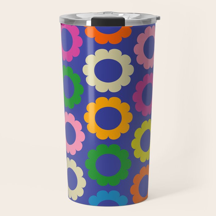 Flower Dots Cute Colorful Simple Retro Contemporary Floral Pattern Blue Travel Mug Gallery Image 1