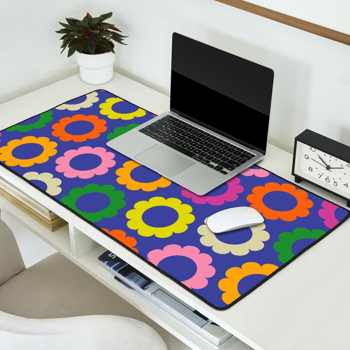 Flower Dots Cute Colorful Simple Retro Contemporary Floral Pattern Blue Desk Mat Gallery Image 2