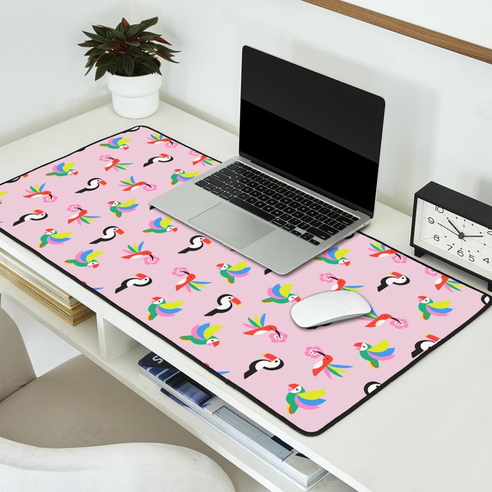 Happy Tropical Jungle Birds Toucan Hummingbird Parrot Pink Desk Mat Gallery Image 2
