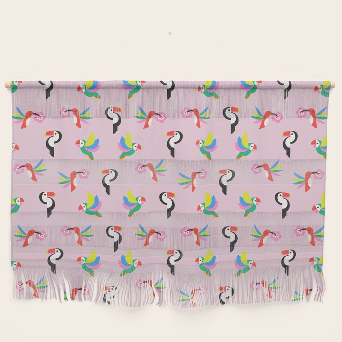 Happy Tropical Jungle Birds Toucan Hummingbird Parrot Pink Wall Hanging Gallery Image 1
