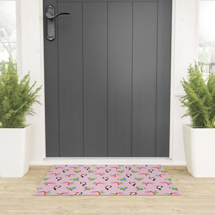 Happy Tropical Jungle Birds Toucan Hummingbird Parrot Pink Welcome Mat Gallery Image 3