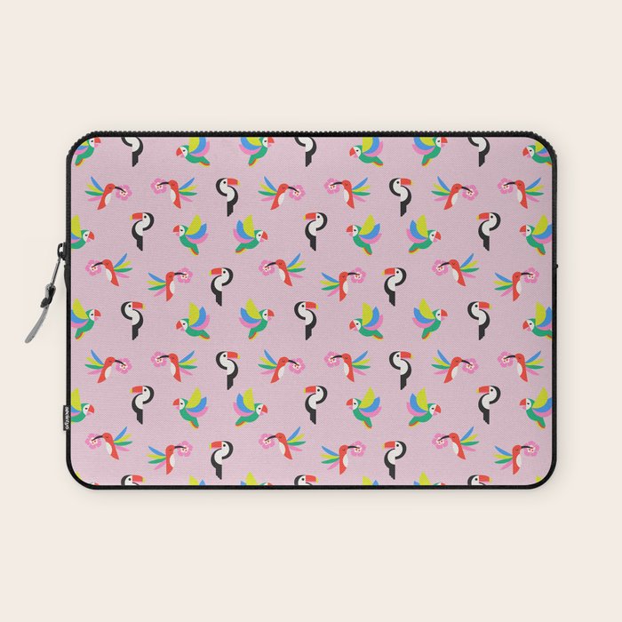 Happy Tropical Jungle Birds Toucan Hummingbird Parrot Pink Laptop Sleeve Gallery Image 1