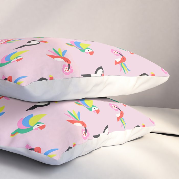 Happy Tropical Jungle Birds Toucan Hummingbird Parrot Pink Pillow Sham Gallery Image 3